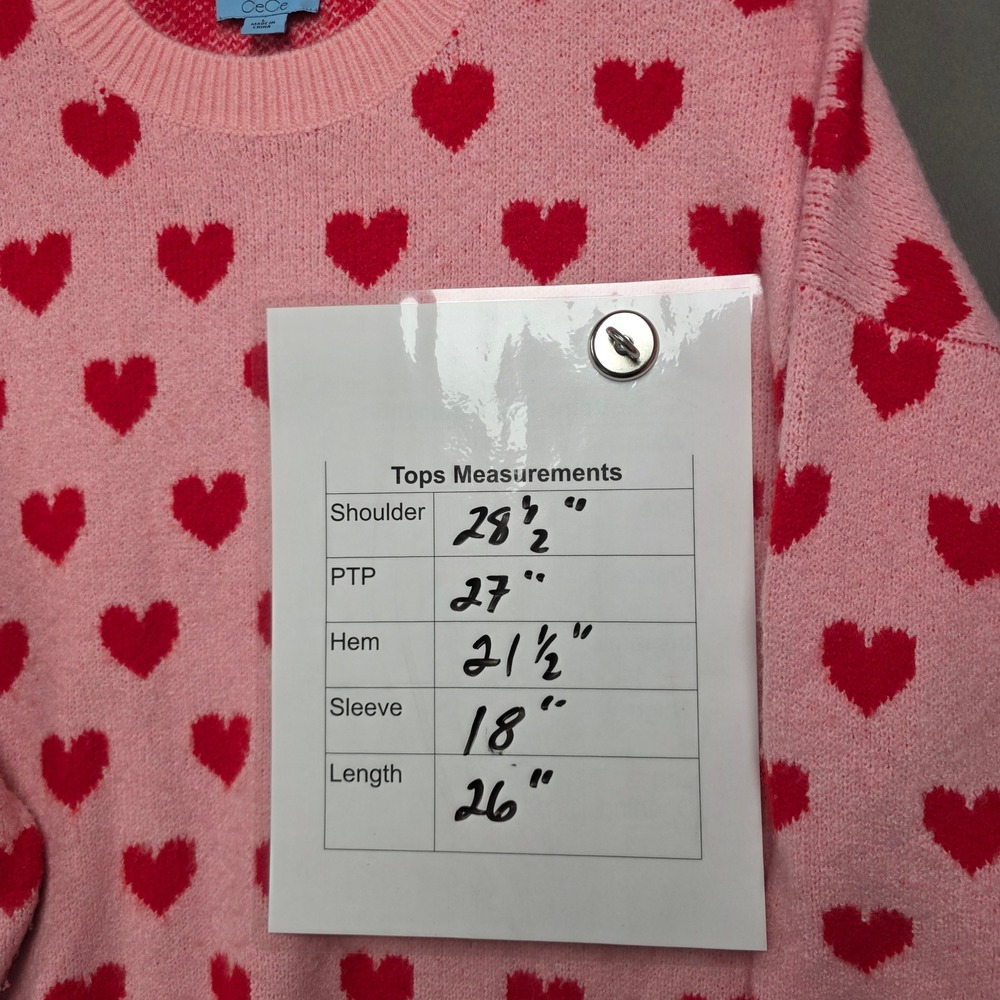 CeCe Sweater Women's Heart Print Crewneck Knit Pink Large - Picture 8 of 8